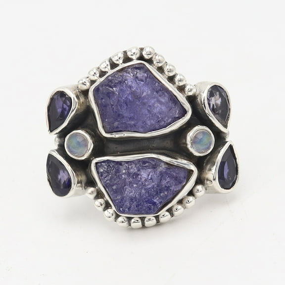 Raw Tanzanite Ring Sterling Silver Ring Moonstone Ring Multigemstone Ring Handmade Ring Moonstone Ring Statement Ring for Women's