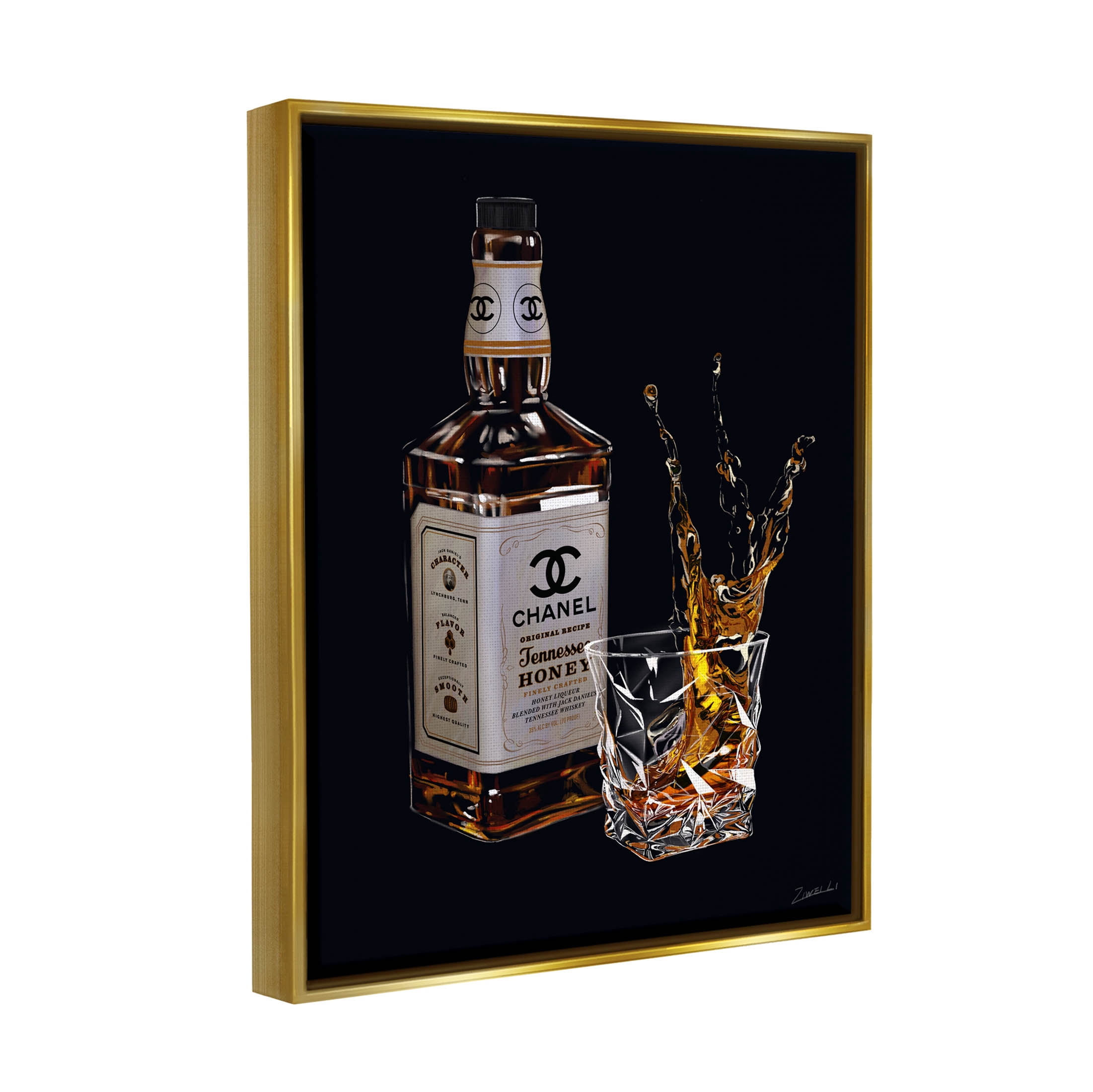 Stupell Industries Splashing Liqueur Glam Whiskey Bottle Graphic Art Metallic Gold Floating Framed Canvas Print Wall Art, Design by Ziwei Li
