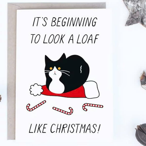 Funny Christmas Card – "It's Beginning to Look a Loaf" Cat Design – Envelope Included, Blank Inside – Perfect Holiday Greeting for Cat Lovers