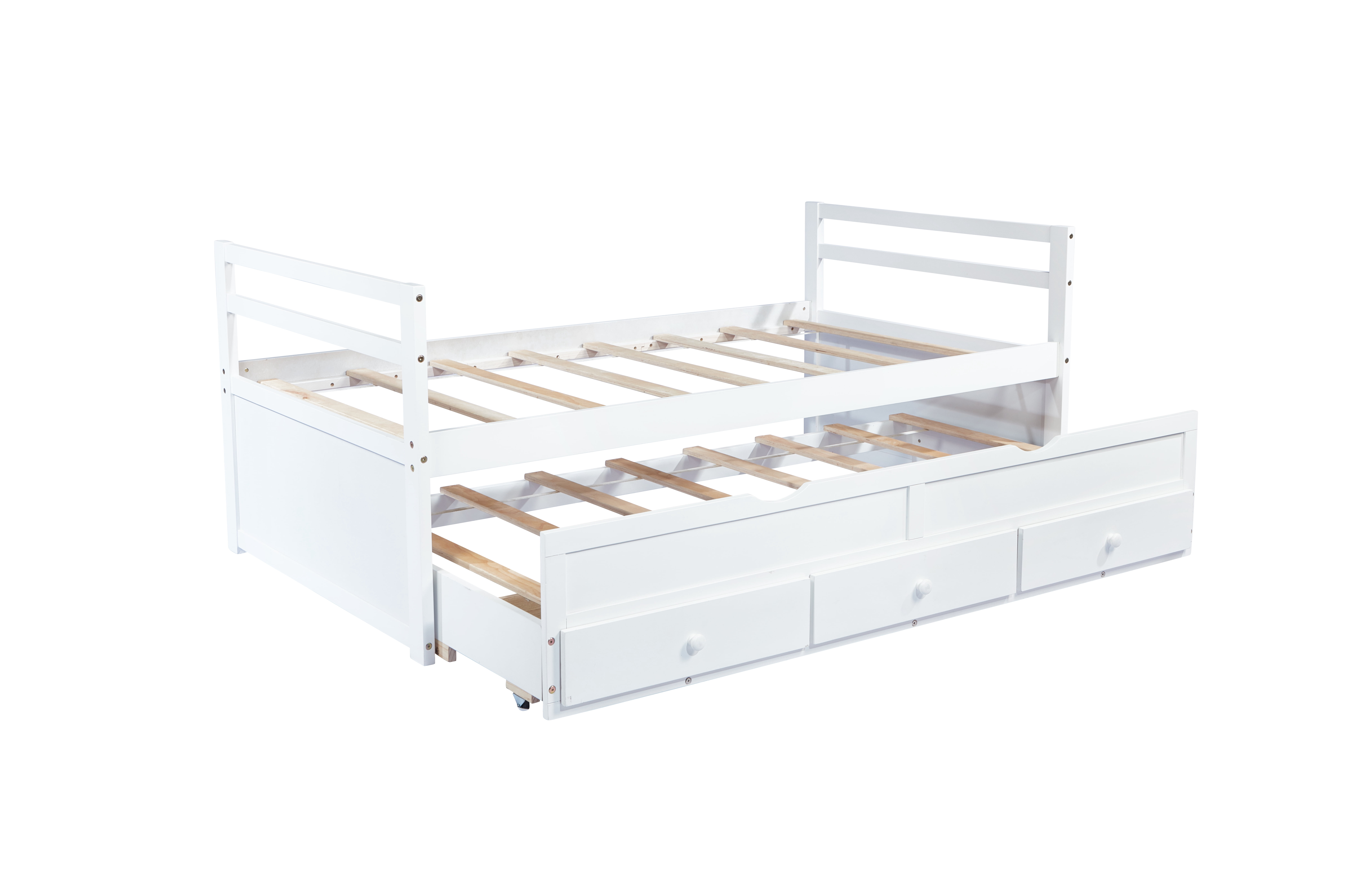Sailvan Twin Size Bed with Headboard, Footboard, Trundle and 3 Storage Drawers, Pine Wood Bed