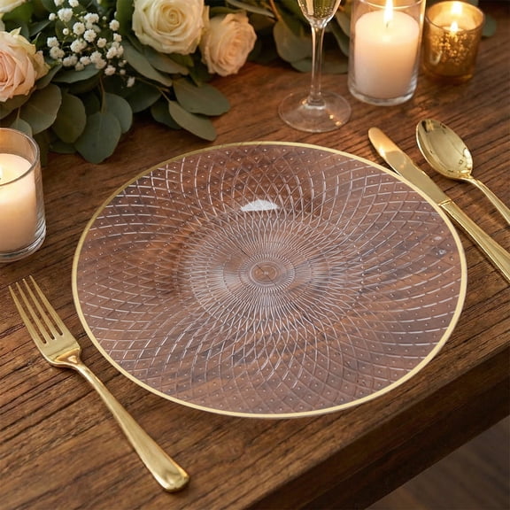 Efavormart 20-Pack Round Plastic Dinner Plates – Clear 10" Radial Diamond-Cut Pattern Gold Rim Party Plates, Durable Disposable Tableware