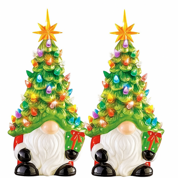 2pcs 6.2Inch Lighted Up Gnomes Christmas Tree with Multicolored Lights Small Mini Holiday Decor