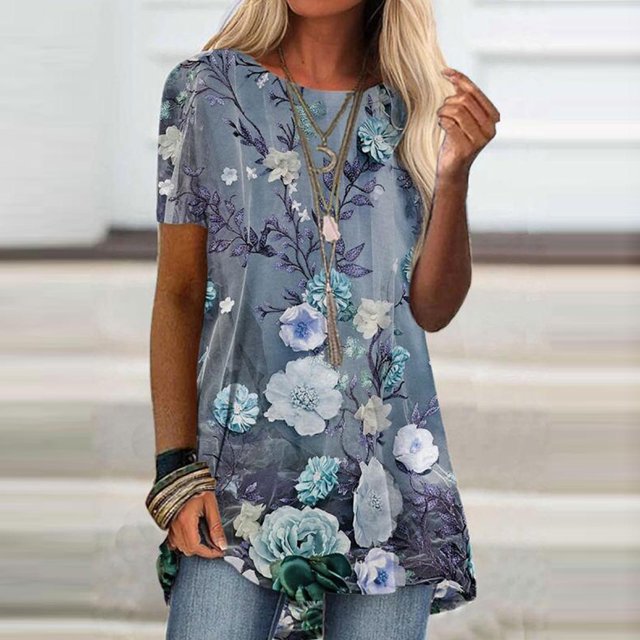 Puntoco Mujeres Moda Manga Corta Impreso Camiseta Larga Blusa Tops Sueltos Puntoco Puntoco-4992