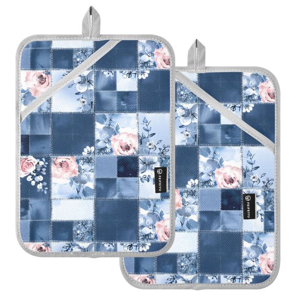 Ryvnso Retro Floral Blue Pattern Oven Mitts Heat Resistant Pot Holders Set of 2 Hot Pads