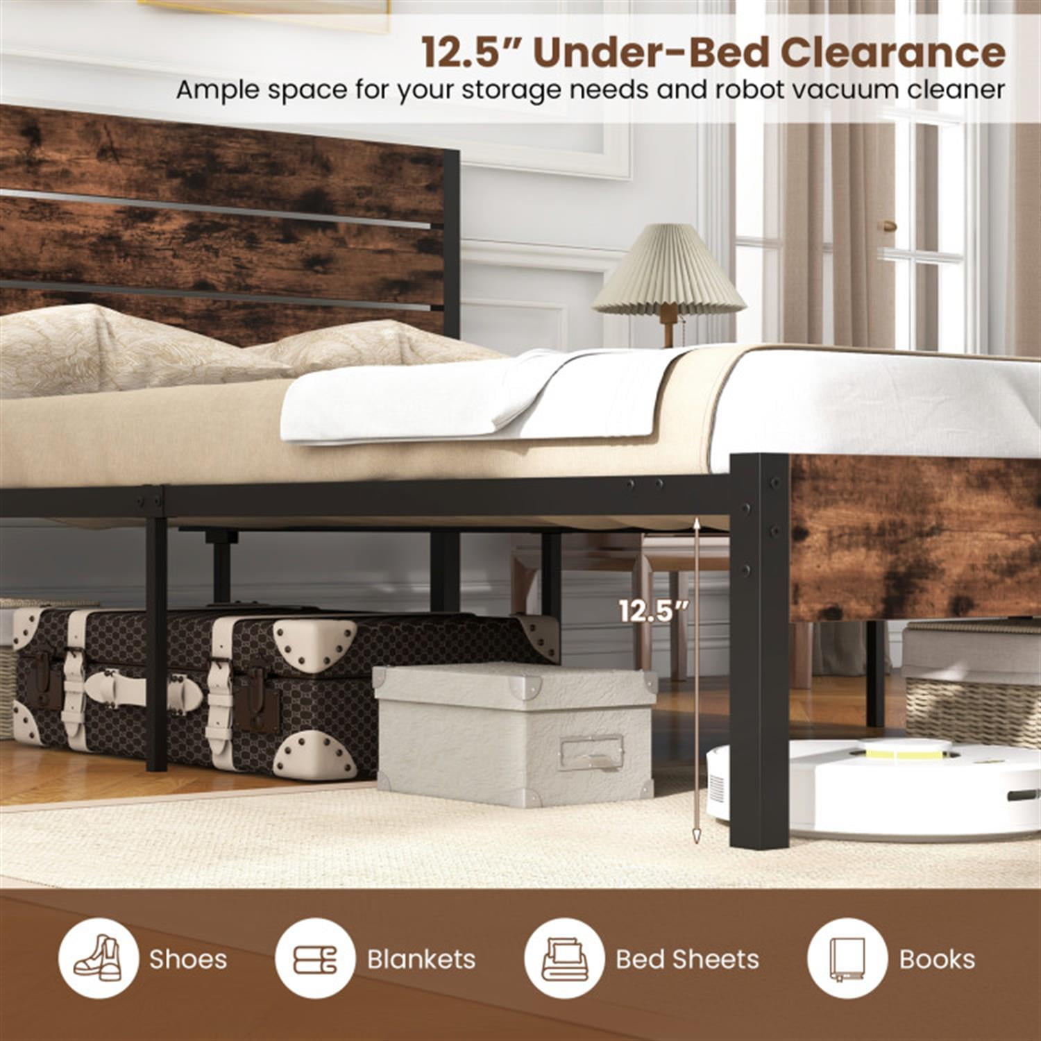 Demi Bonn Full Size Bed Frame with High Headboard and Mute Bar, Industrial Metal Platform Bed Frame with Under Bed Storage, No Box Spring Needed, Brown