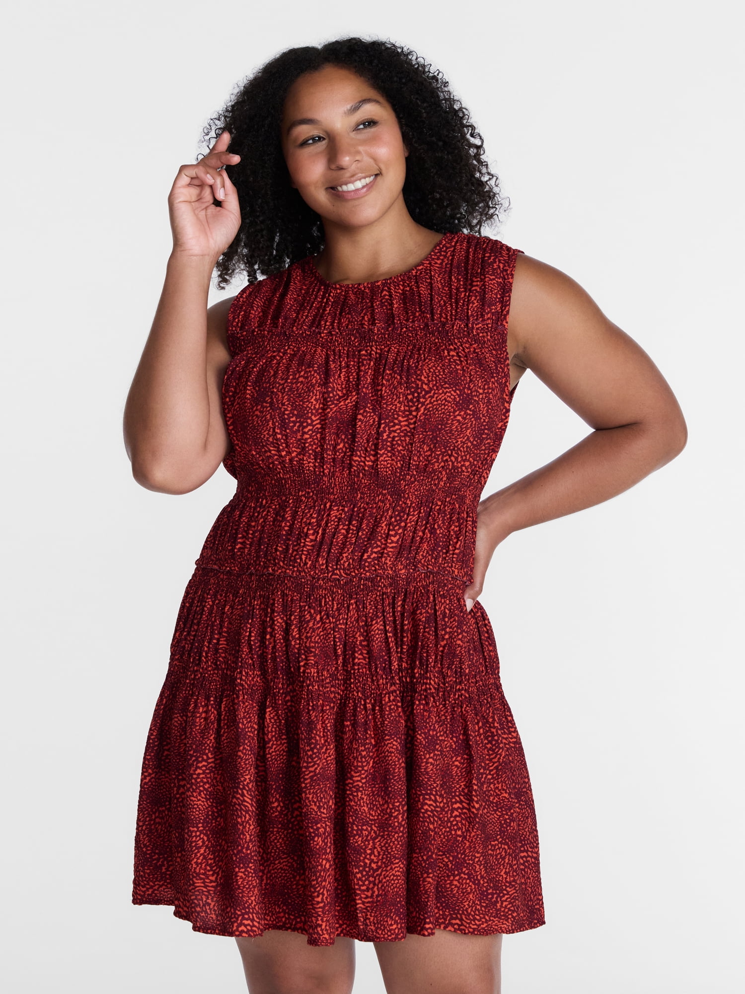 Time and Tru Women's Plus Size Smocked Sleeveless Mini Dress, Sizes 1X-4X