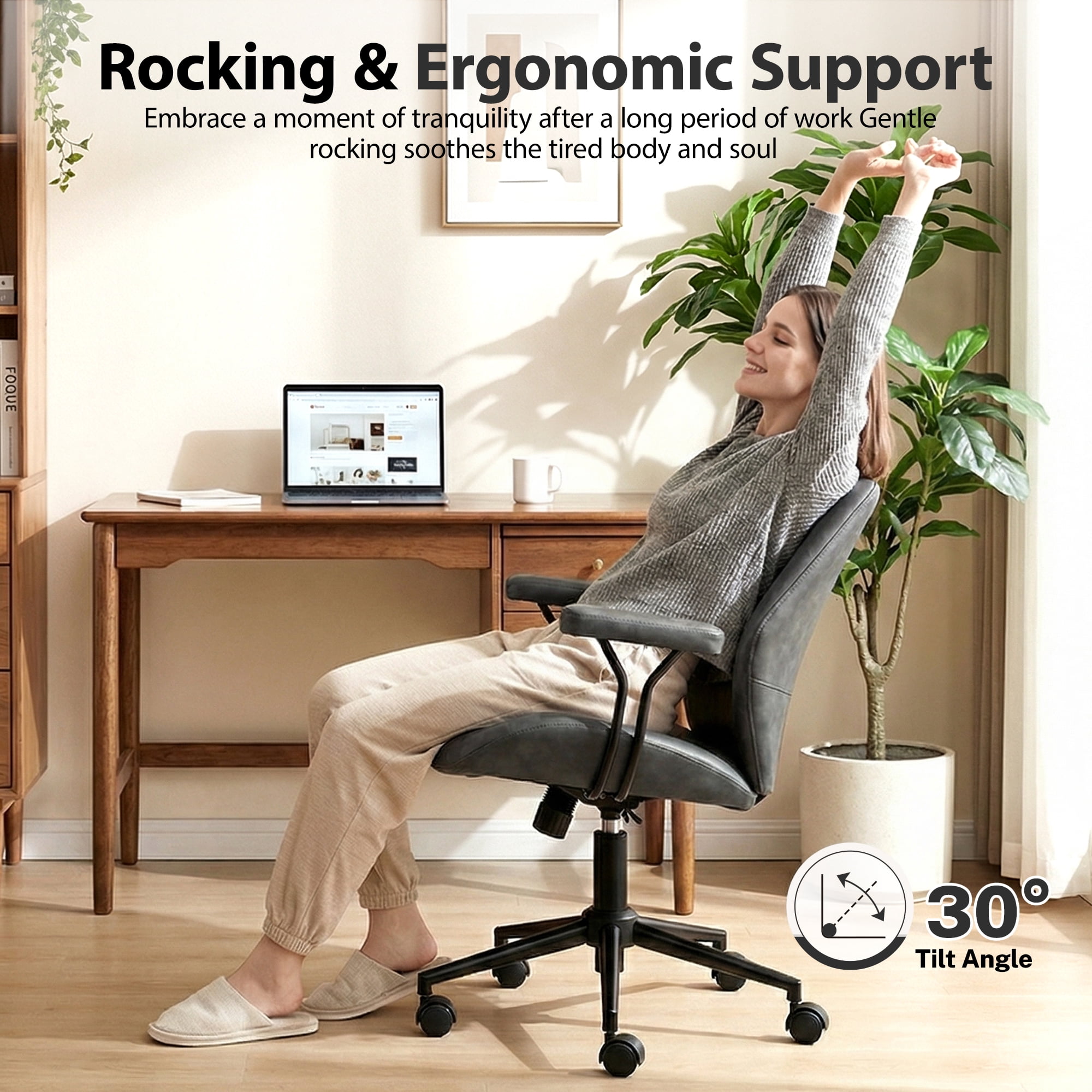 COOLHUT Home Office Chair, PU Leather Ergonomic Computer Desk Chair with Removable Armrests, Mid Century Modren Armrest Office Chair, Rocking Swivel Task Chair, Dark Gray