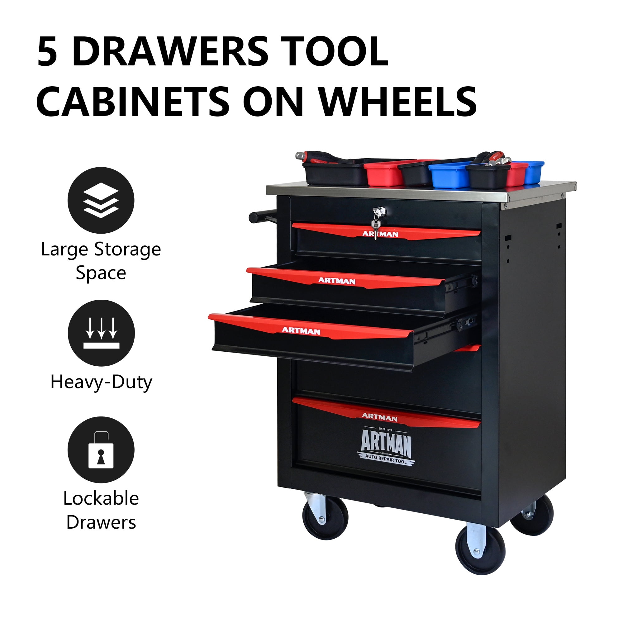 Aukfa Tool Box 5-Drawer Rolling Tool Chest Combination Workbench for Workshop Garage, Black