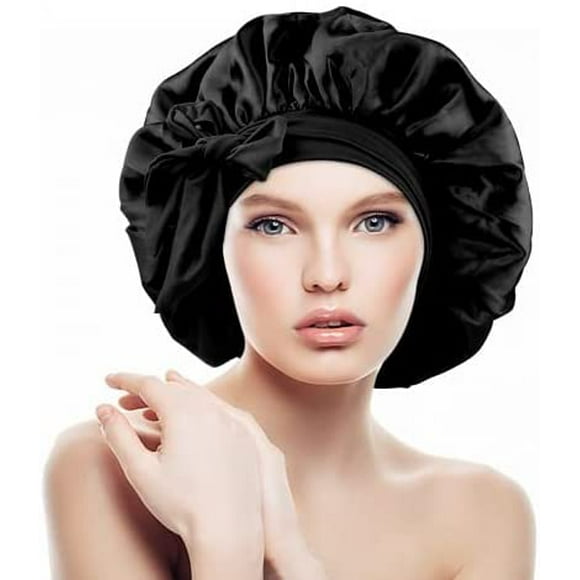 Silk Bonnet Sleeping Black, Large Satin Bonnets Adjustable, Waterproof Night Sleeping Cap Hair Sleeping Bonnet for Women Long Hair Curly