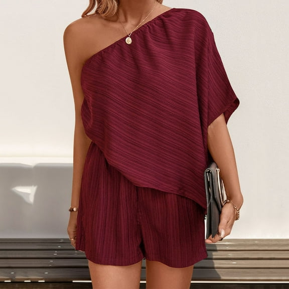 Nuoqisi Women's Summer One Shoulder Tank Romper Ruched Wide Leg Flowy Shorts Jumpsuit 2026