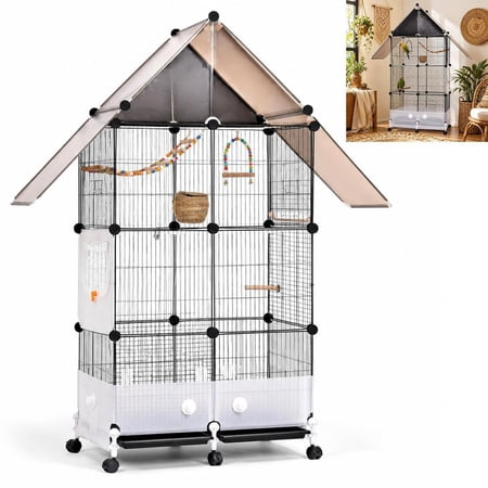 62-Inch Flight Bird Cage with Wheels, Large Metal Bird Cage, Slide-Out Trays, Perches, Bowls & Bird Toys, Indoor Cage for Cockatiels, Lovebirds, Finches & Small to Medium Birds