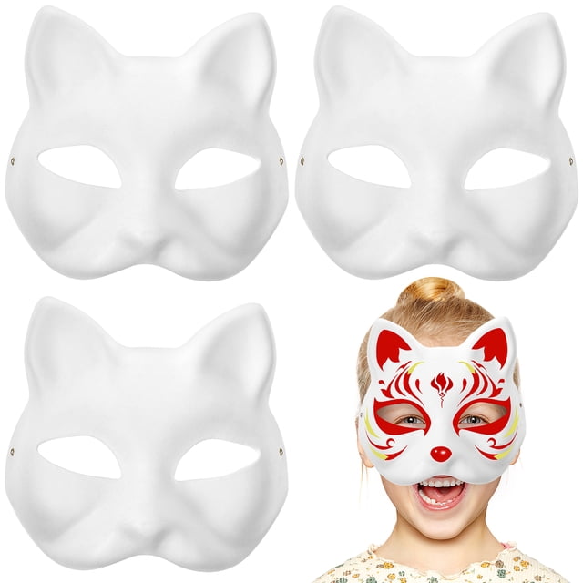 3 mascarillas de gato pintadas a mano, para niños de guardería, Halloween, disfraz, cosplay (blancas)