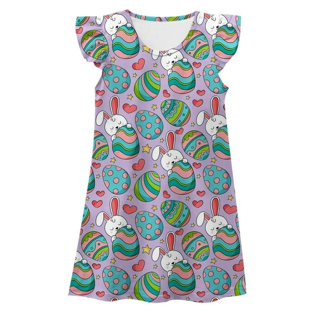 Liyamei Robe de Nuit à Manches Volantes Imprimé de Pâques pour Filles, Confortable, Vêtements de Maison pour Enfants, 7-8 Ans