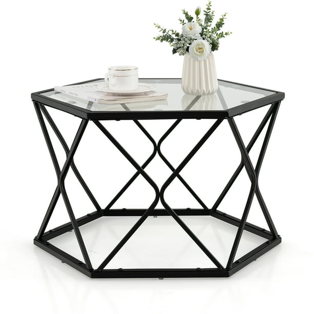 Costway Mesa de Café de Vidrio Geométrica, Mesa Central Hexagonal con Tapa de Vidrio Templado y Estructura de Metal, Mesa de Centro Moderna para Sala de Estar, Sala de Recepción, Oficina
