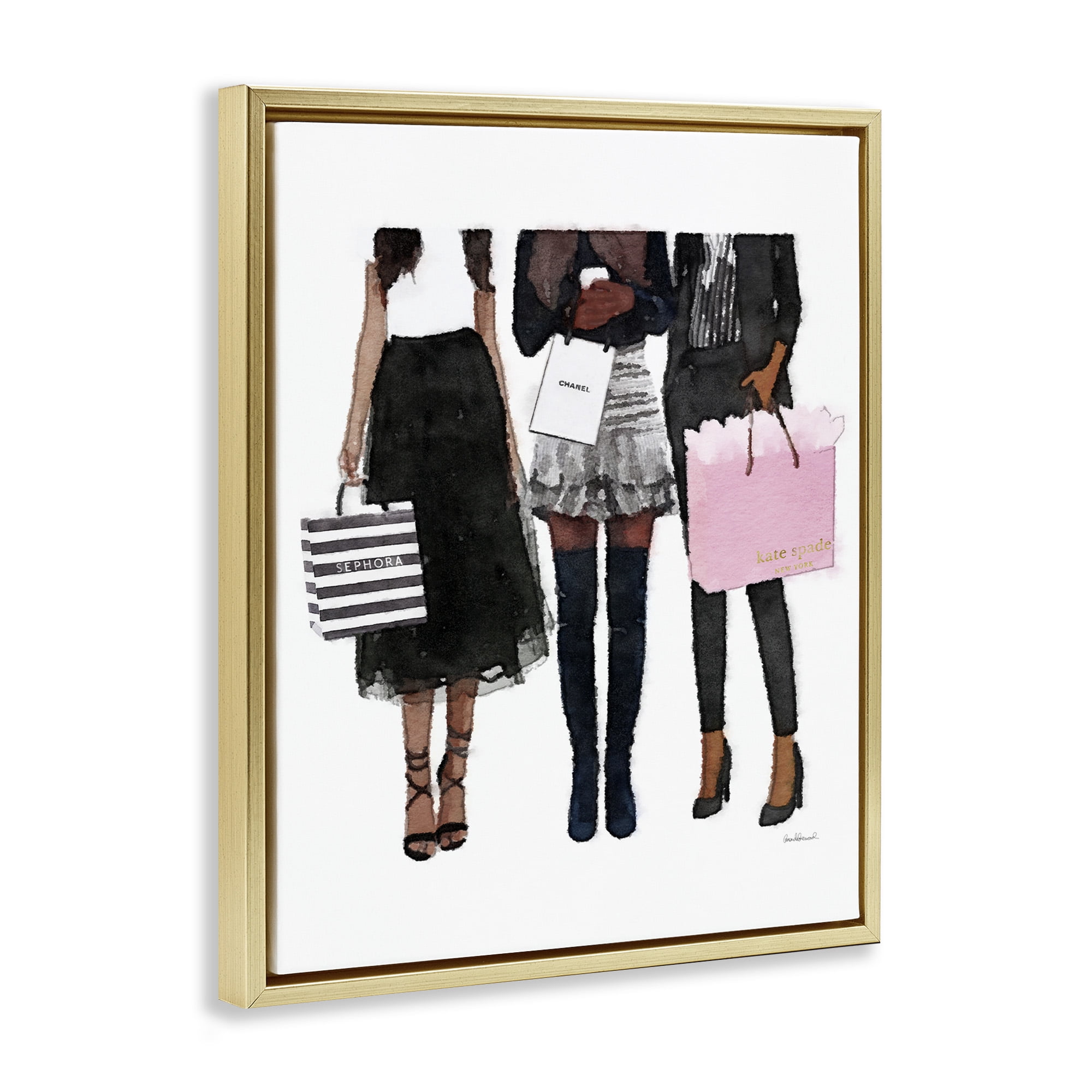 Stupell Industries Fashion Models Glam Watercolor Beauty & Fashion Painting Gold Floater Framed Canvas Art Print Wall Art, 17 x 21