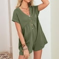 thumbnail image 3 of ZQGJB Women's Summer Short Sleeves Rompers Trendy Solid Color Lace Trim V Neck Button Down Overalls Loose Wide Leg Jumpsuits with Pockets Green XL, 3 of 8