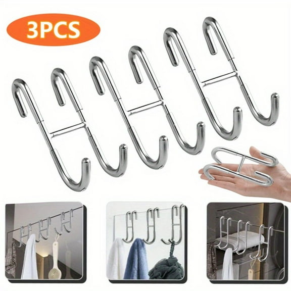 Bathroom Frameless Glass Shower Door Over Door Hooks (3-pack), No Drill No Stick Towel Hooks, for Hanging Clothes, Bath Balls, Shower Wiper Hooks, Silver