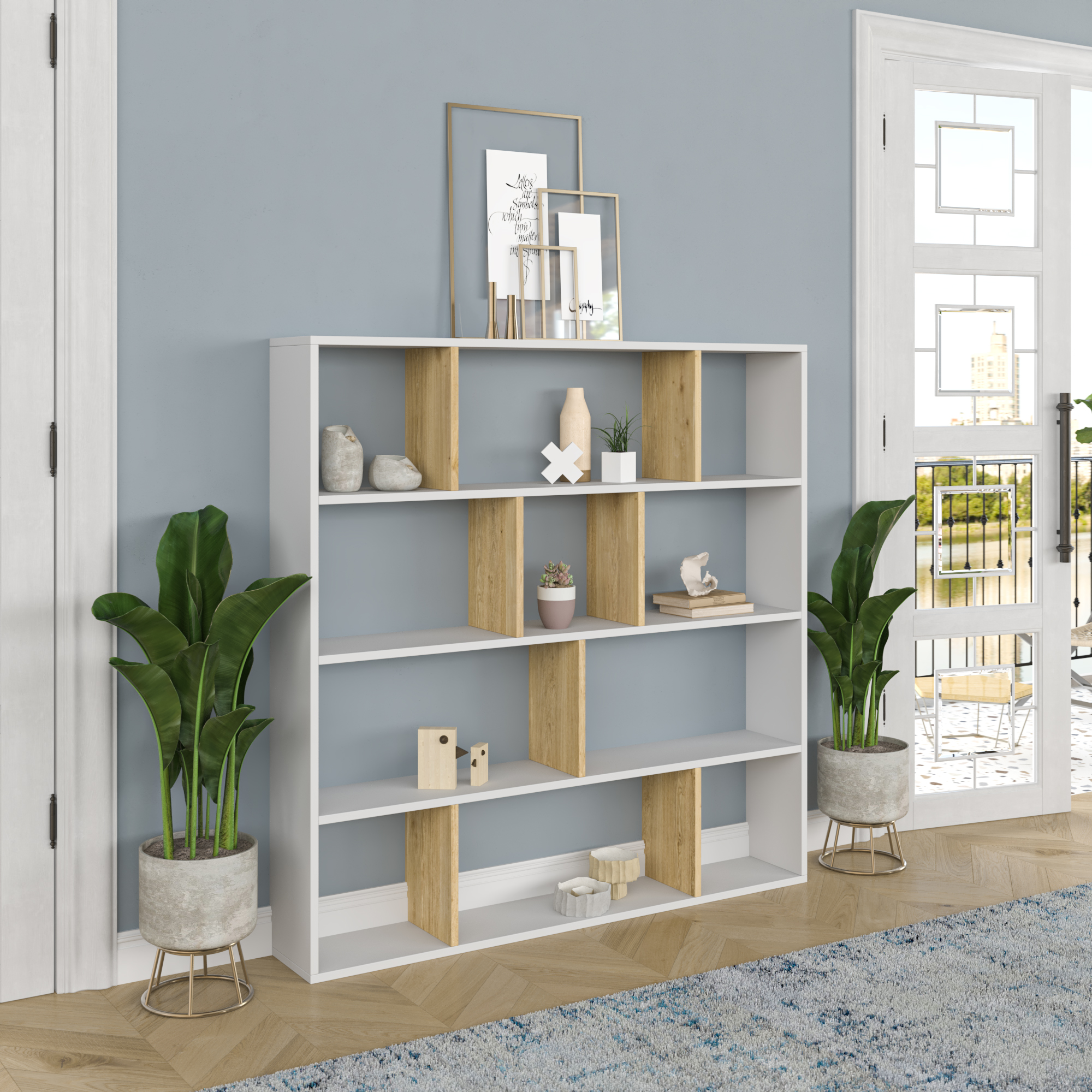 Ada Home Decor Hobdi 4 Tier Open Shelf Cube Modern Bookcase, White/Oak