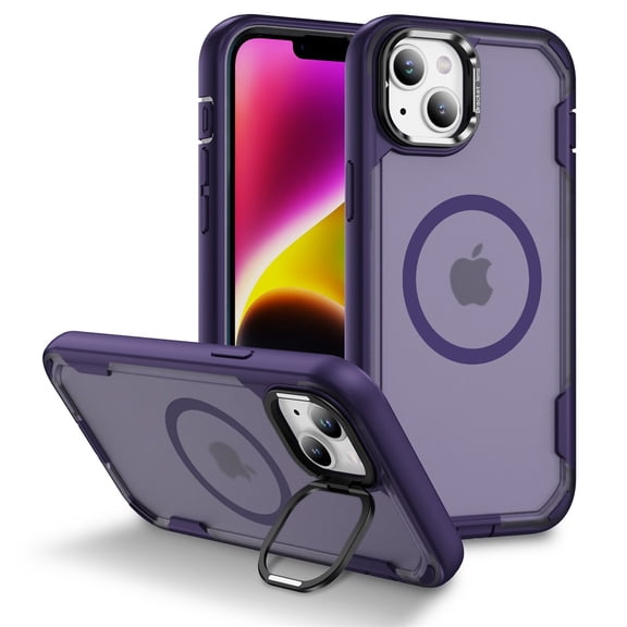 for iPhone 14 Plus Case with Stand, Compatible with MagSafe, Rugged Shockproof Military-Grade Drop Protection, Built-in Metal Camera Stand, Magnetic Phone Case for iPhone 14 Plus,Dark Purple