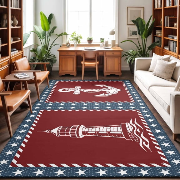Area Rugs 3'x5', Nautical Coastal Carpet Runner Indoor Outdoor Rugs Home Decor Aesthetic, Blue Red Lighthouse Sailing Anchor Rudder Non Slip Mats Washable Accent Rug for Living Room Bedroom