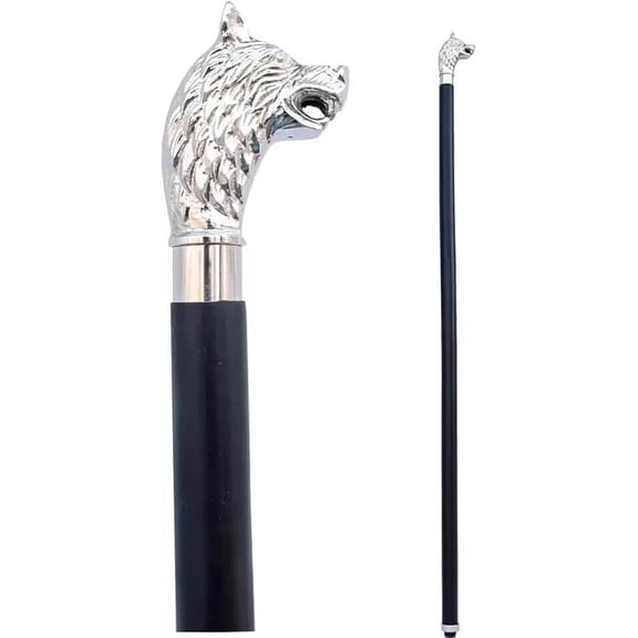 "Victorian Silver Brass Wolf Head Handle Walking Stick Cane | Designer Wooden Shaft, 35 Inch"