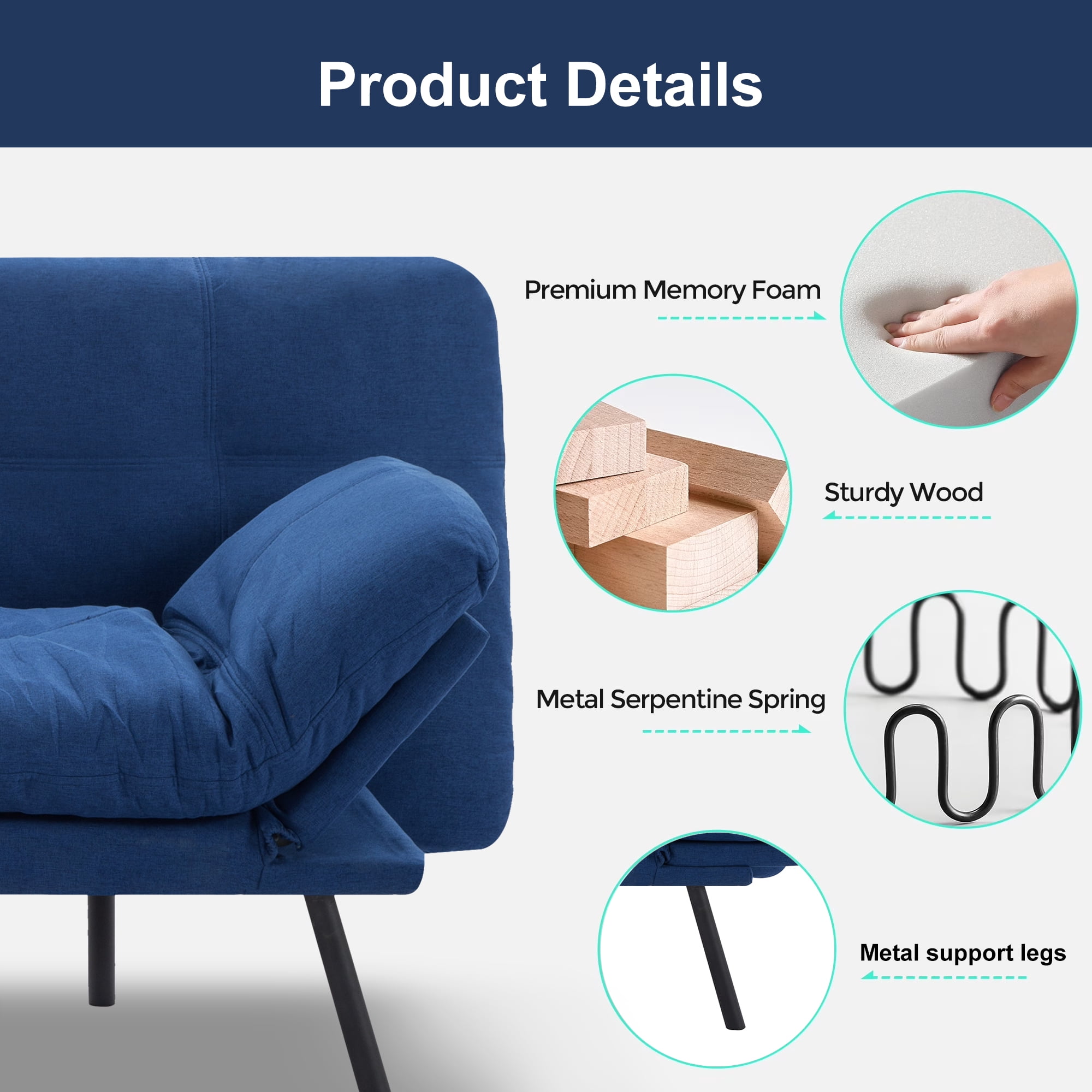 BSHTI 70.87" Convertible Futon Sofa Bed, Linen Fabric 2-Seater Sleeper Couch with 5-Level Adjustable Backrest & Armrests for Living Room, Office, Guest Room, Small Spaces