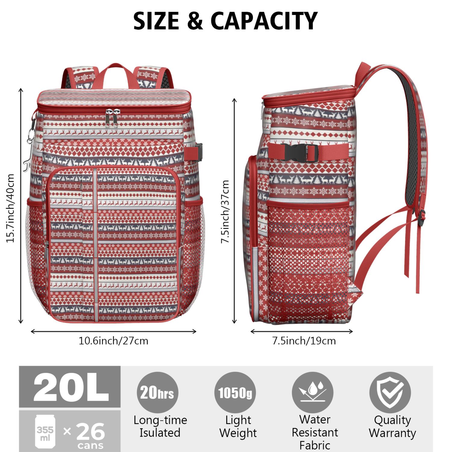 Travel Cooler Bag - Red Christmas Deer and Tree Pattern Camping Beer Cooler Backpack with Bottle Opener- Waterproof Insulated Picnic Backpacks - Cooler Bag for Beach