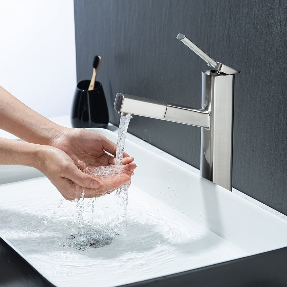 KAIYING Single Handle Bathroom Sink Faucet with Pull Out Sprayer, Rotating Spout, Pull Down Basin Mixer Tap for Hot and Cold Water (Tall, Brushed Nickel)