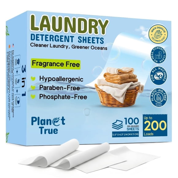 Láminas de detergente para ropa Planet True, 100 hojas, sin fragancia