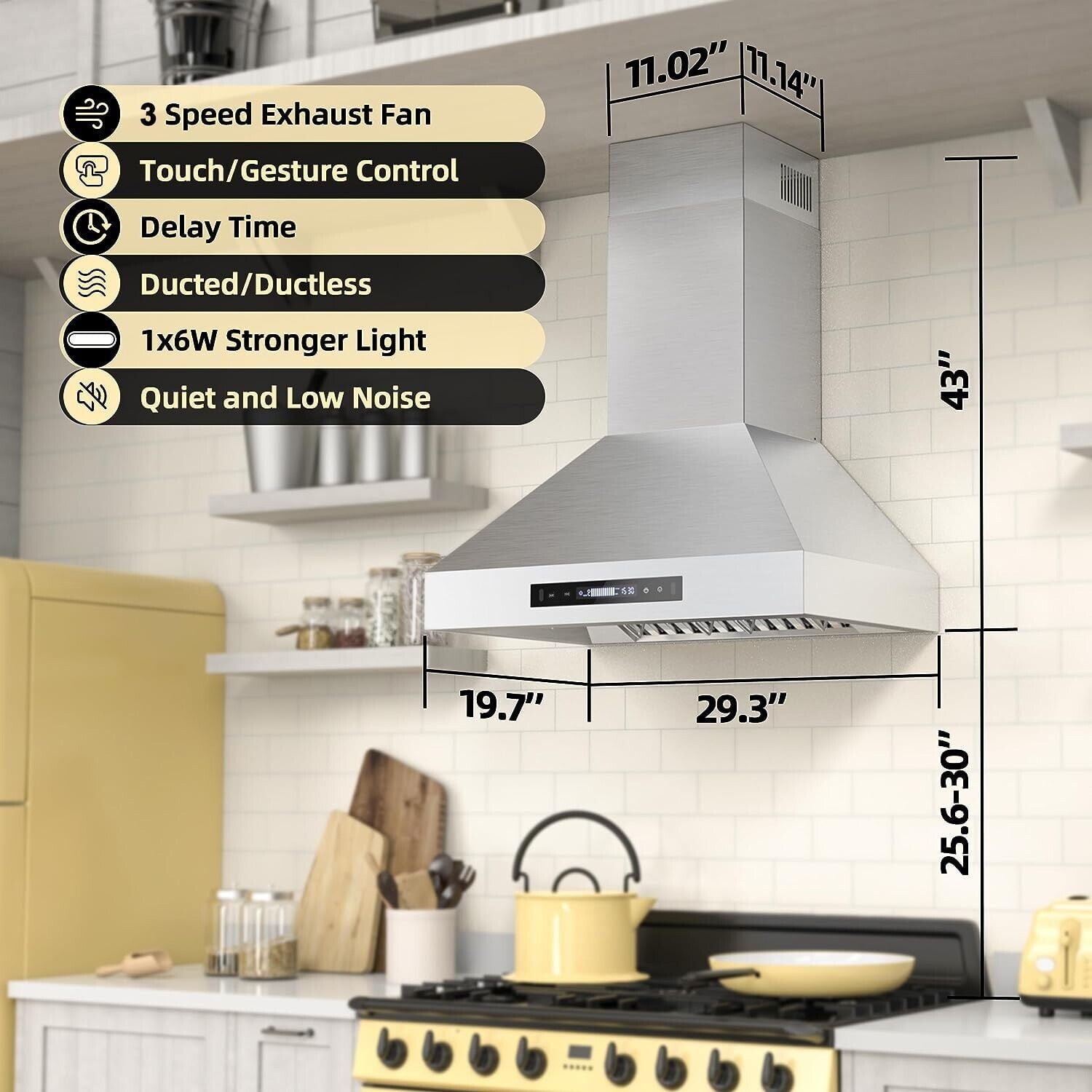900CFM 30 inch Wall Mount Range Hood Stainless 3-Speed Fan Dishwasher Clean Filter 120V