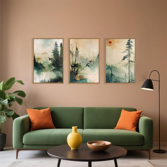 UNFFRAMED Luvia Set of 3 Chinoiserie Nature Poster, Mountain Forest Landscape Wall Art, Natural Bamboo Pine Lake Prints for Living Room Bedroom or Office Set 3 Prints 8x12
