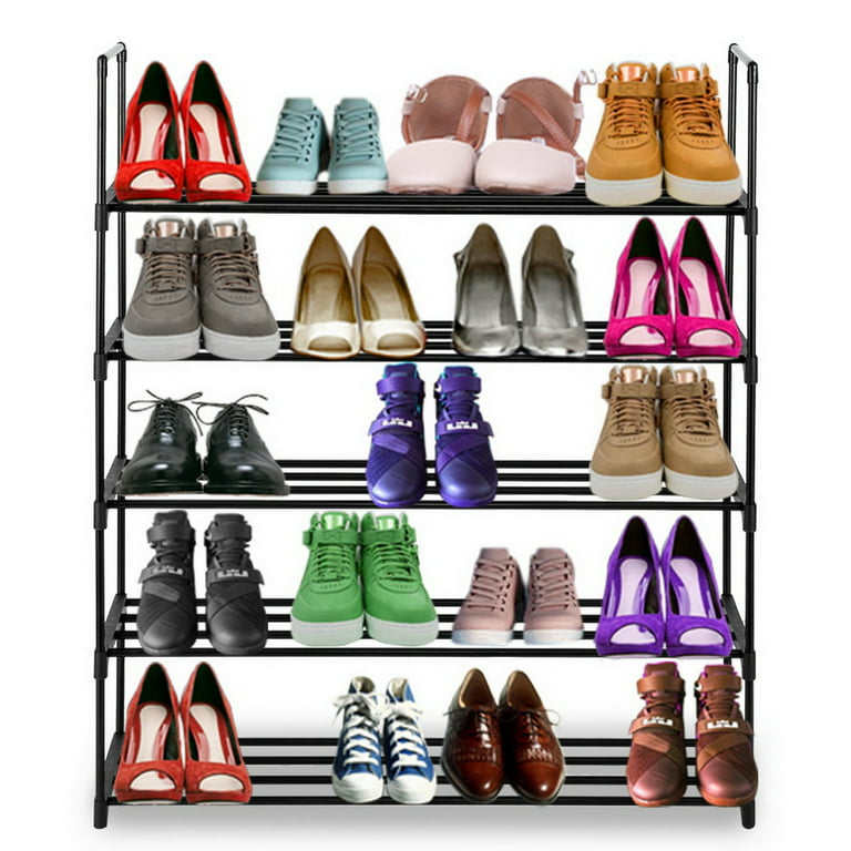 Hsscblet 5 Tiers Metal Shoe Rack,Adjustable Shoe Shelf Storage Organizer  with Versatile Hooks,Stackable Boot & Shoe Storage,for