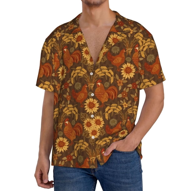 Fotbe Chicken And Rooster Camisa Estampada de Manga Corta para Hombre, Casual de Verano, Estilo Playero, Sin Arrugas-X-Large