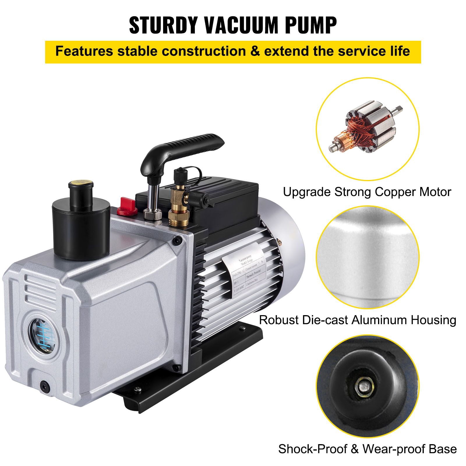 Single Stage Vacuum Pump 12CFM 1 HP, 110V HVAC Refrigerant Evacuation Pump for AC Automotive Use, 5PA Ultimate Vacuum Rotary Vane Air Tool