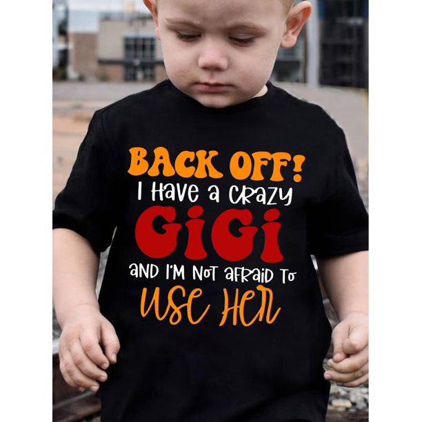 Boys' Cotton T-Shirt with Fun "Crazy GiGi" Print - 100% Cotton, Black with Bold Orange & Red Text, Casual Summer Tee for Youngsters