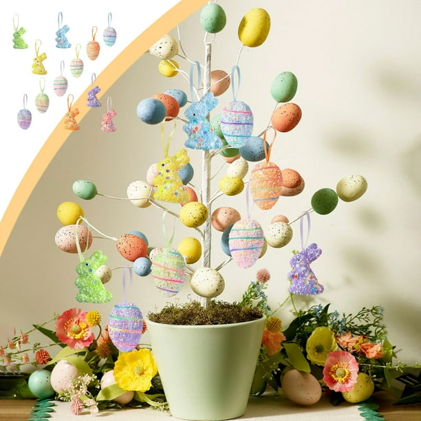 Set de 12 Huevos de Espuma de Colores y Adornos Colgantes de Pascua, Ideales para Fiestas Familiares y Decoración de Interiores.