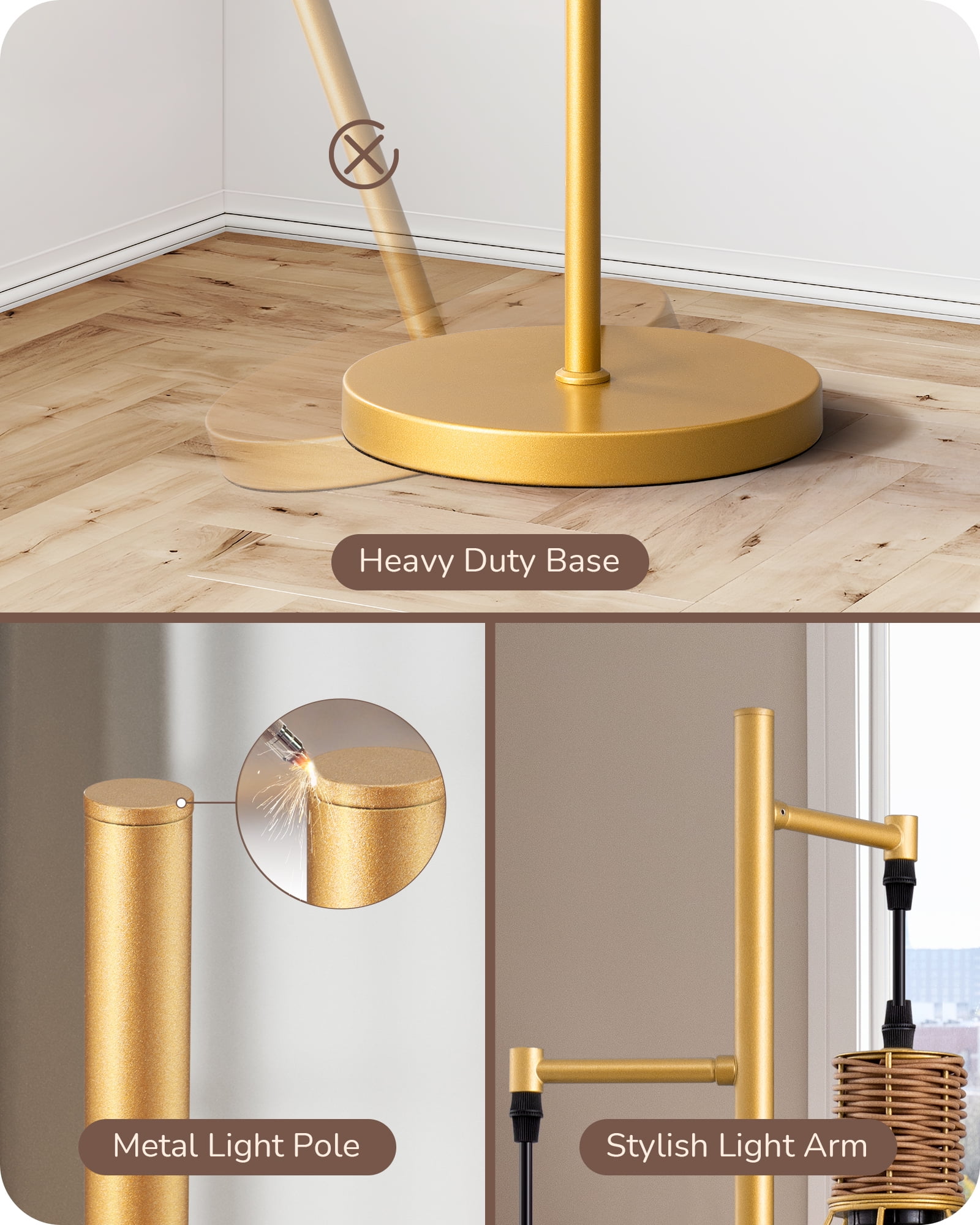 EDISHINE Industrial Floor Lamps for Living Room Clearance, Dimmable, Metal Standing Tree Lamp for Bedroom, Office, Home Decor, LED Bulb Included, Gold