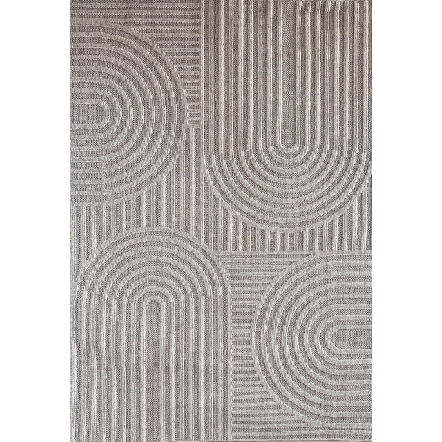 Modern grey and cream indoor outdoor area rug featuring an abstract geometric design with concentric arches, suitable for living room, bedroom, dining room, or kitchen.