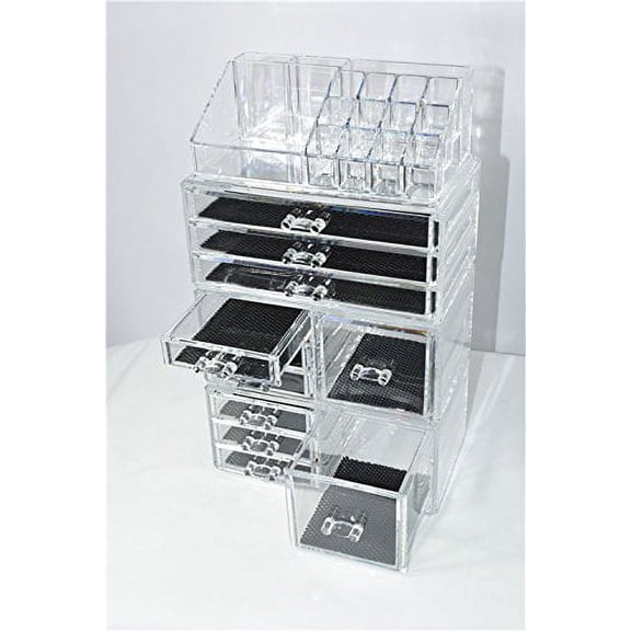 Unique Home Acrylic Makeup Cosmetic Organizer 4 Piece Set to Conceal Lipstick, Eye-Shadow, Brushes with 4 Storage Drawers, Clear