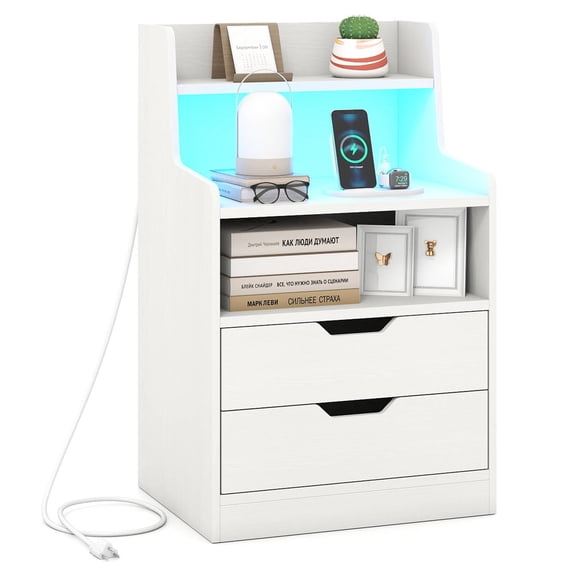 Costway 1 PCS Nightstand with LED Light & Charging Station, Open Shelves & 2 Drawers, Cable Holes White