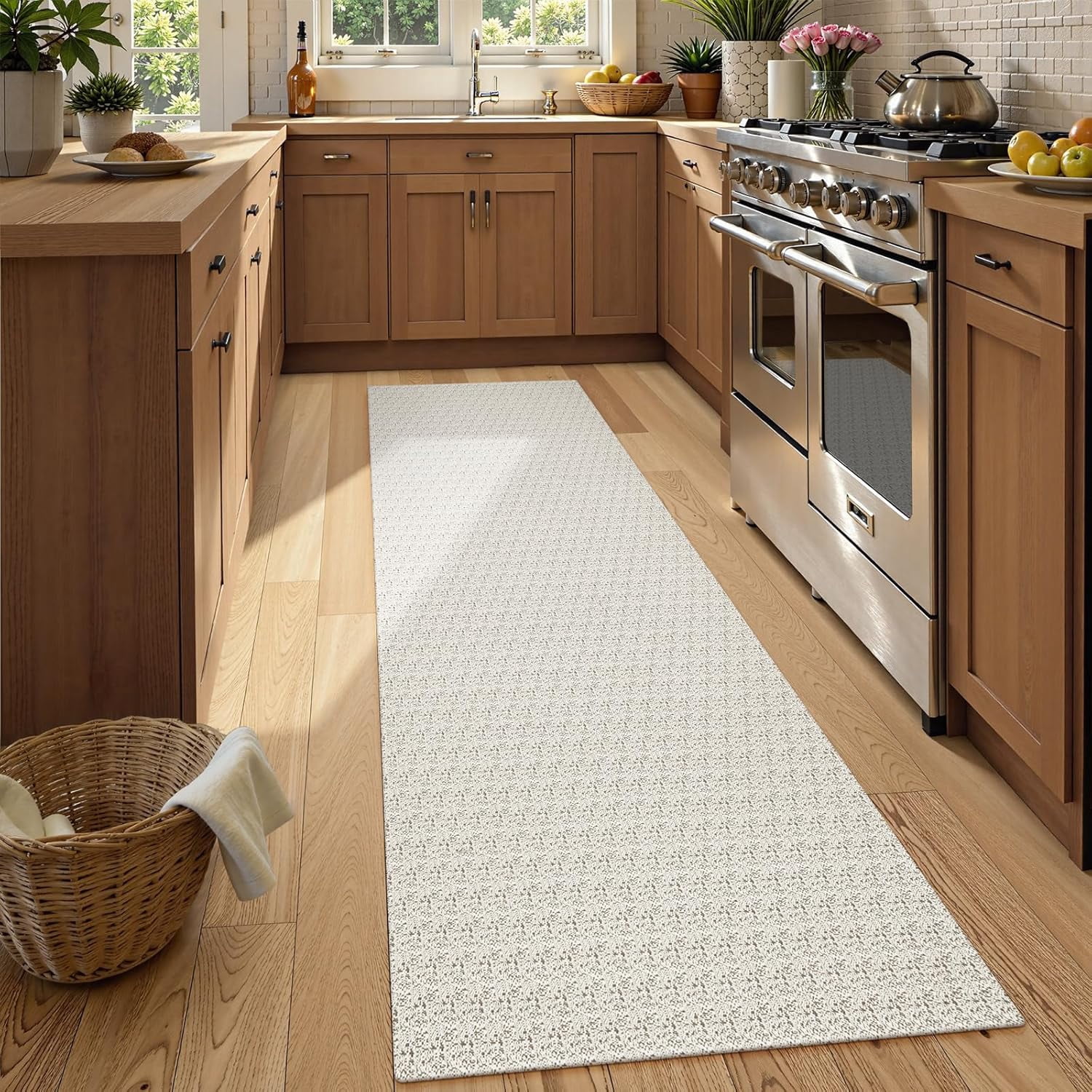 2x7 Runners Rug for Hallways, Washable Farmhouse Kitchen Runner Rug Boho Non Slip Low- Indoor Entryway Rug, Tan Woven Cotton Bedroom Carpet for Bathroom Doorway