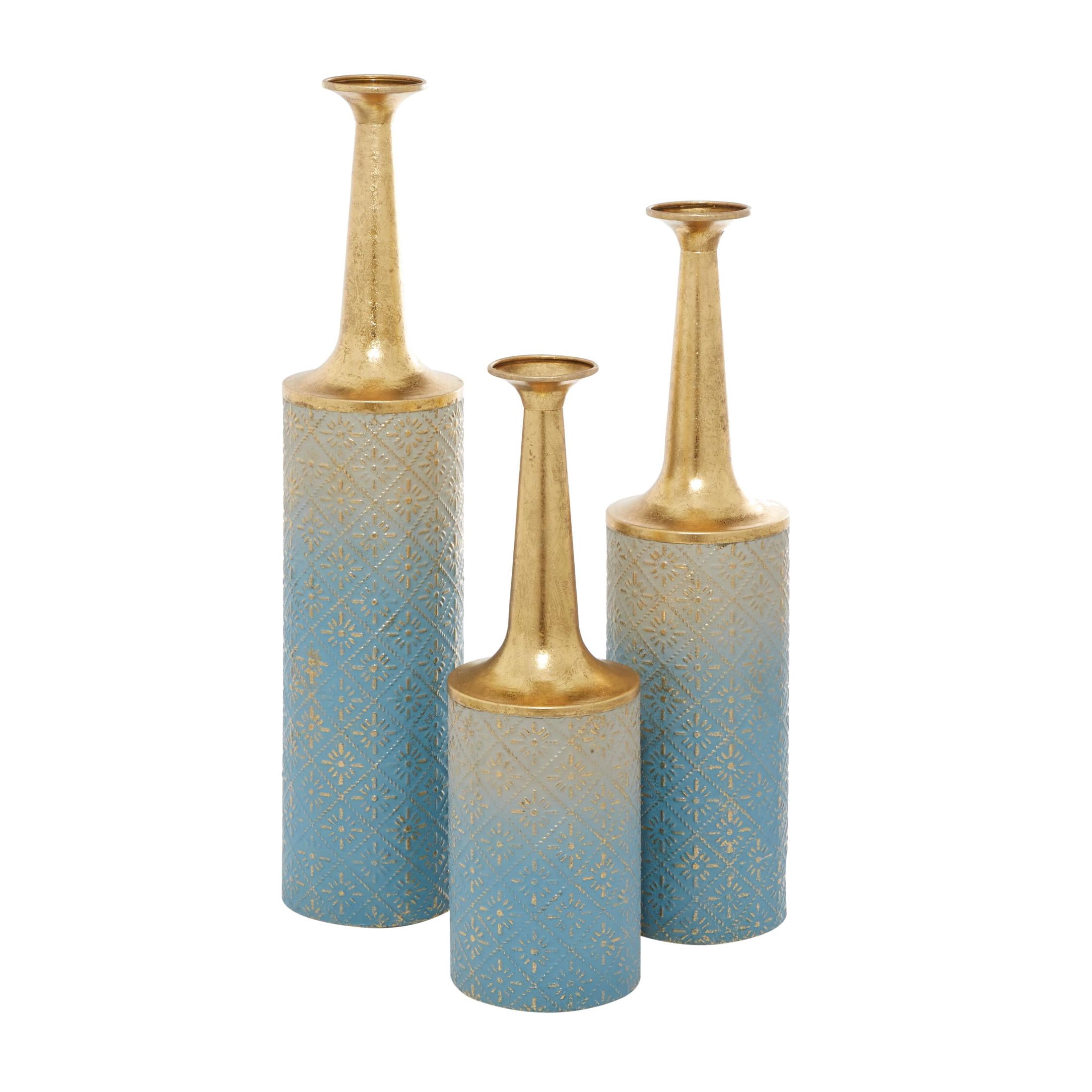 DecMode 27", 24", 20"H Floral Ombre Diamond Patterned Blue Metal Vase with Gold Top, Set of 3