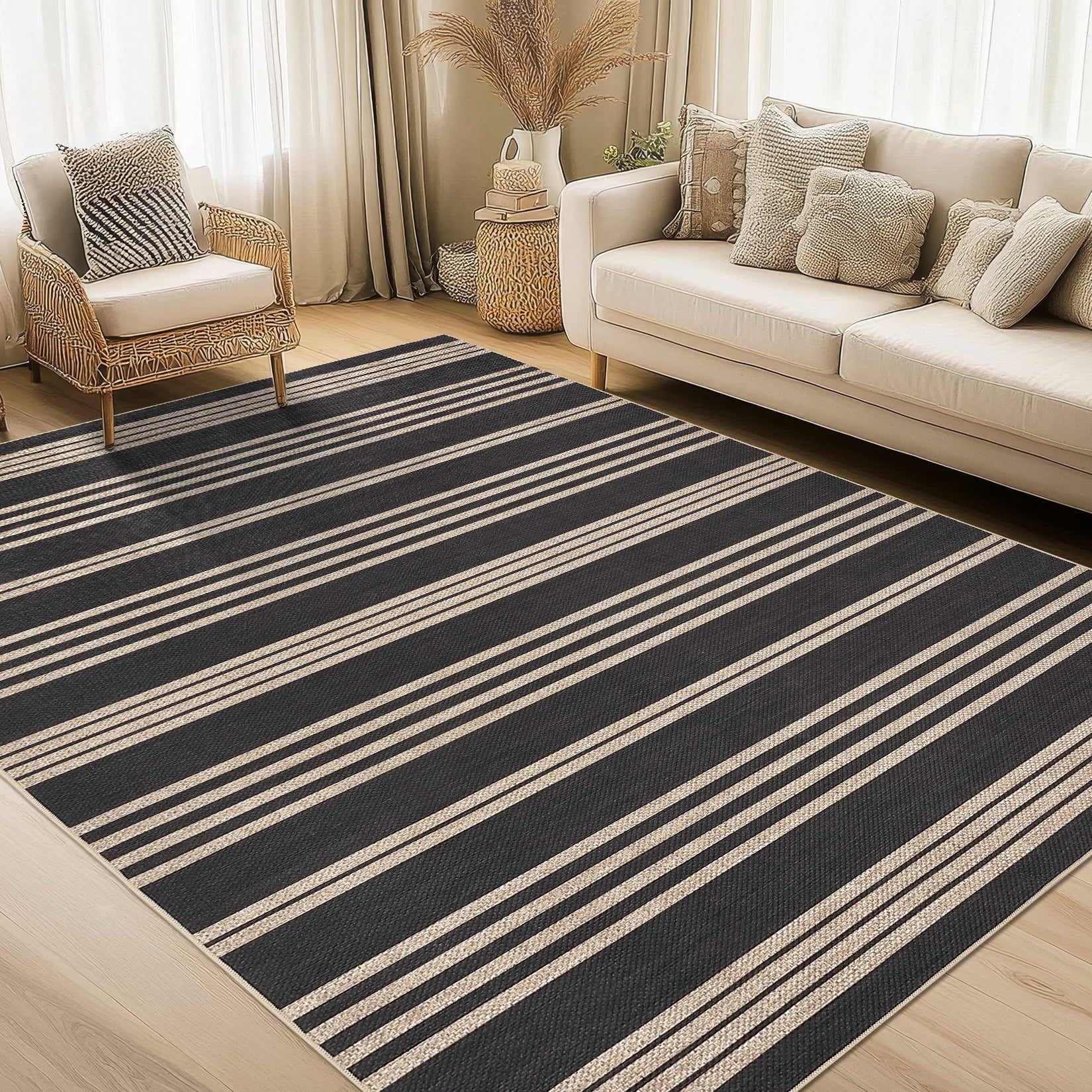 Garvee 4'x6' Modern Striped Area Rugs Easy Jute Rug with Non-Slip Backing, Washable Rug Neutral Print Indoor Outdoor Carpet for Bedroom Living Room Patio, Black White