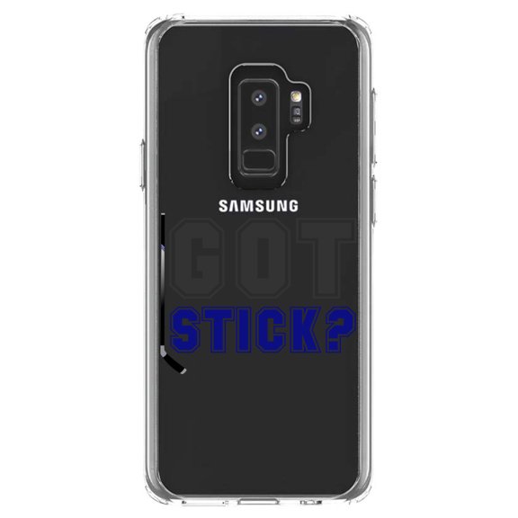DistinctInk Clear Shockproof Hybrid Case for Samsung Galaxy S9  PLUS (6.2" Screen) - TPU Bumper Acrylic Back Tempered Glass Screen Protector - Got Stick? Hockey