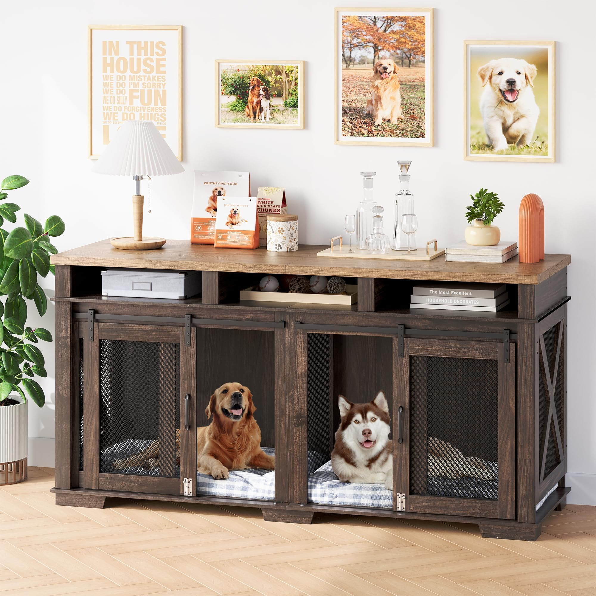 Dog Crate Furniture for 2 Dogs, Wooden Dog Cage with Storage Compartment, Indoor Dog Kennel with Removable Divider and 2 Sliding Barn Door for Large/Medium Dogs