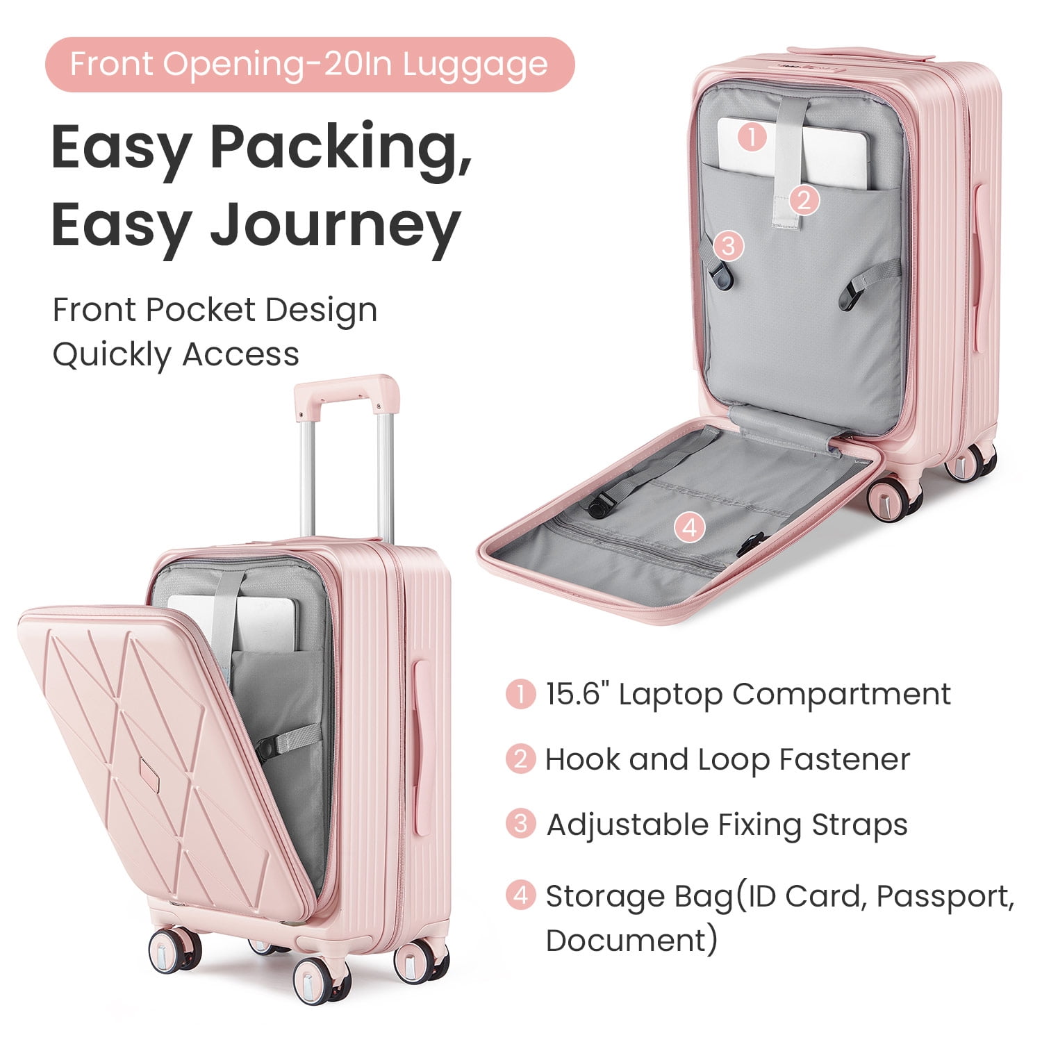 POWANLI 3 Piece Luggage Sets (20''24''28''), PC Hard Shell Expandable Lightweight Carry On Luggage, with Front Pocket and Spinner Wheels, TSA Lock, Airline Approved(Pink)