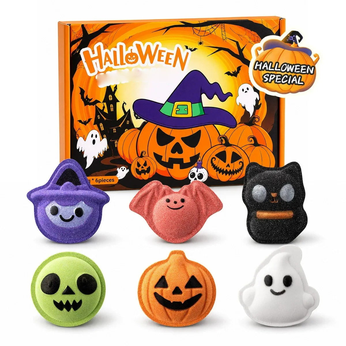 6‑Pack Halloween Bath Bomb Gift Set, Spooky Ghost Pumpkin Surprise Toy Bath Fizz Balls, Color‑Releasing Bubble Bath Kit, Gentle Kids Holiday Party Favor Home Bath Supplies