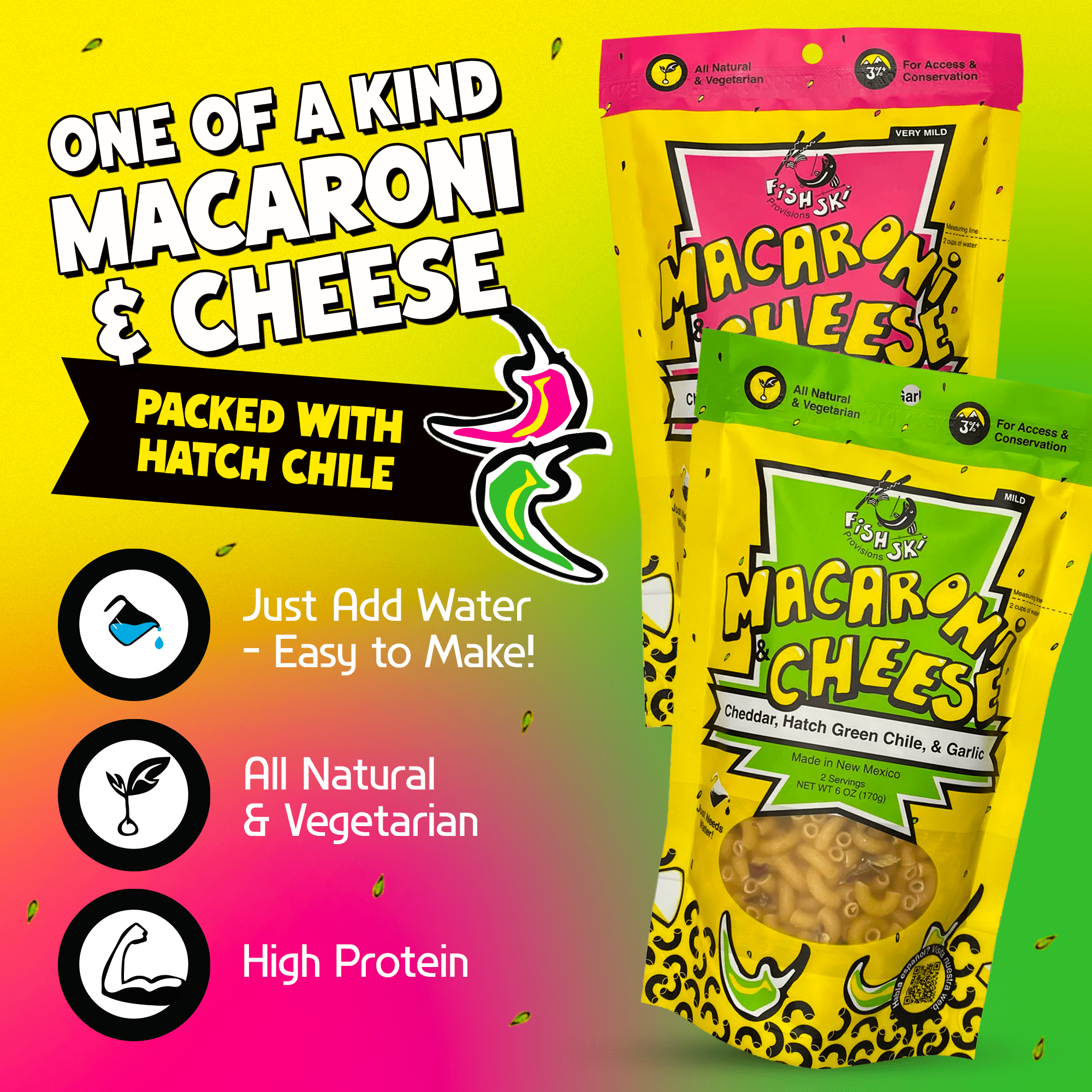 FishSki Provisions Macaroni and Cheese Variety Pack, Garlic Cheddar Cheese, Hatch Red and Green Chile, 6 oz bags, 12 pack
