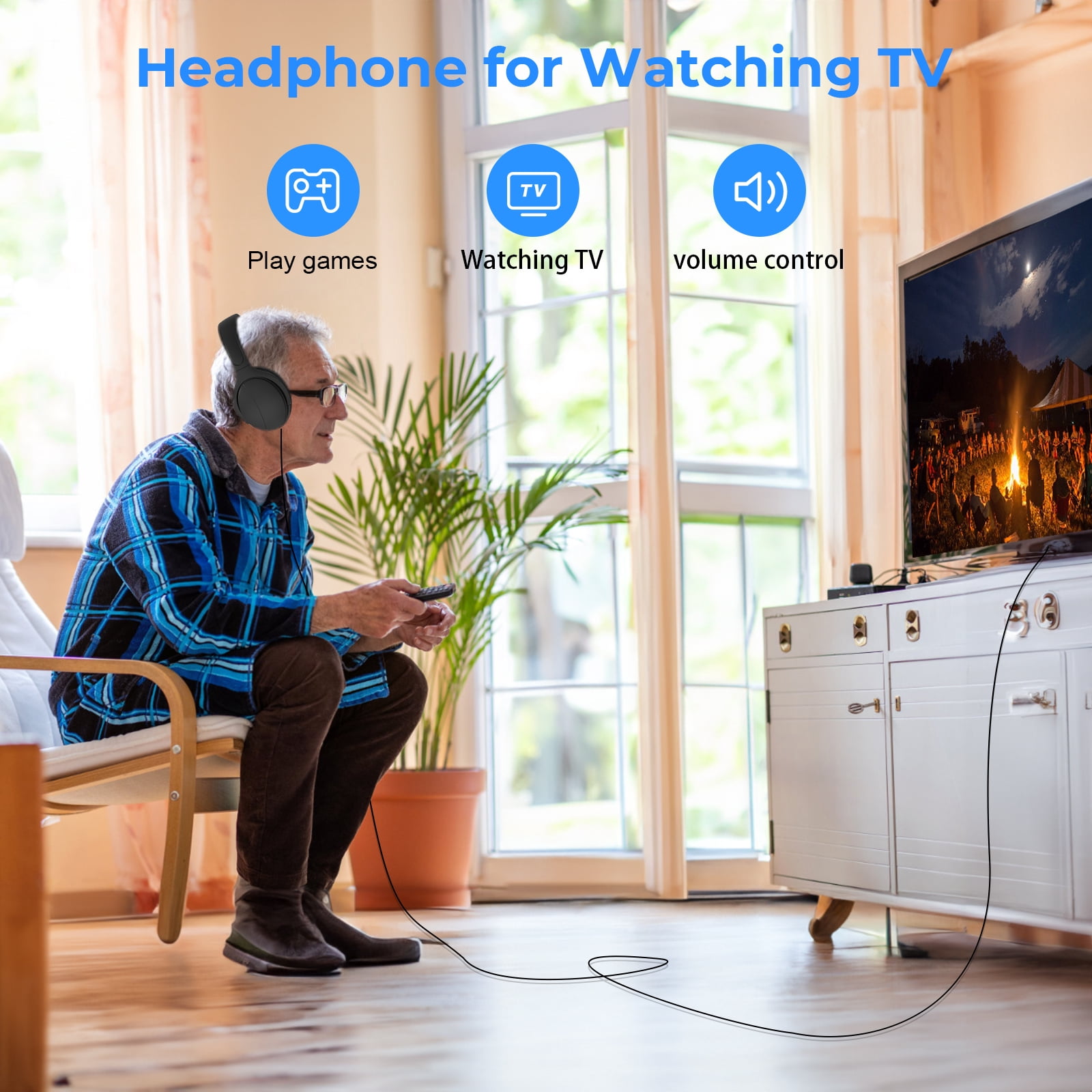 WMSZMSM Long Cord Wired Headphones for TV & PC, No Mic, Volume Control, 3.5mm AUX(9.8FT)