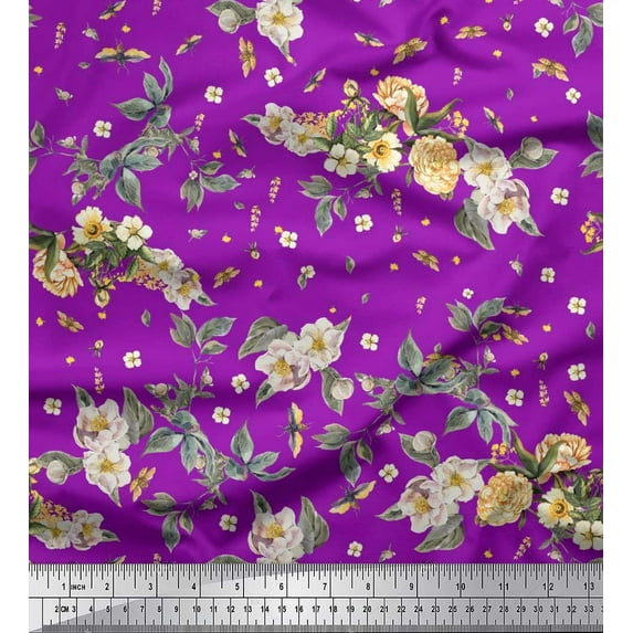 Soimoi Modal Satin Fabric Leaves,Moth & Magnolia Floral Print Fabric by the Yard 42 Inch Wide